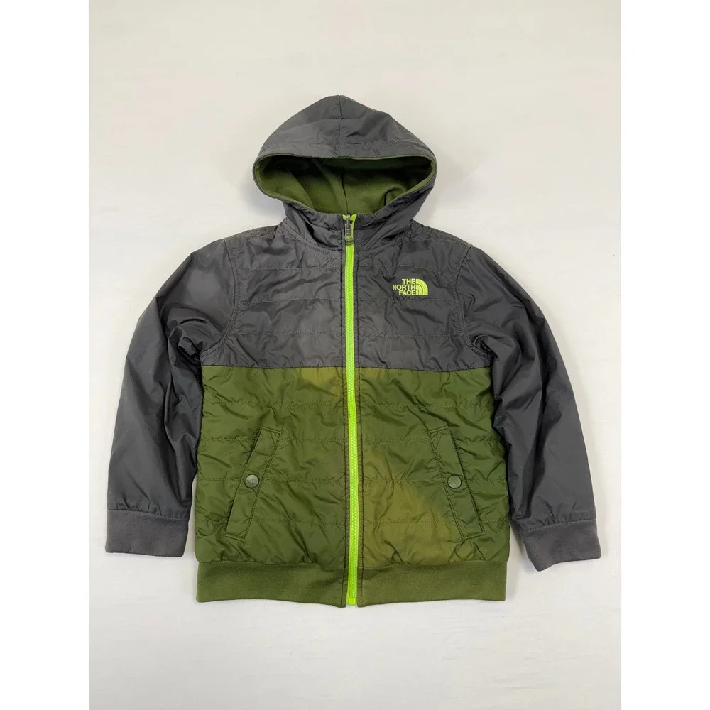 The North Face Boys Reversible Hooded Zip Up Jacket Green Gray Stripe Size‎ XS